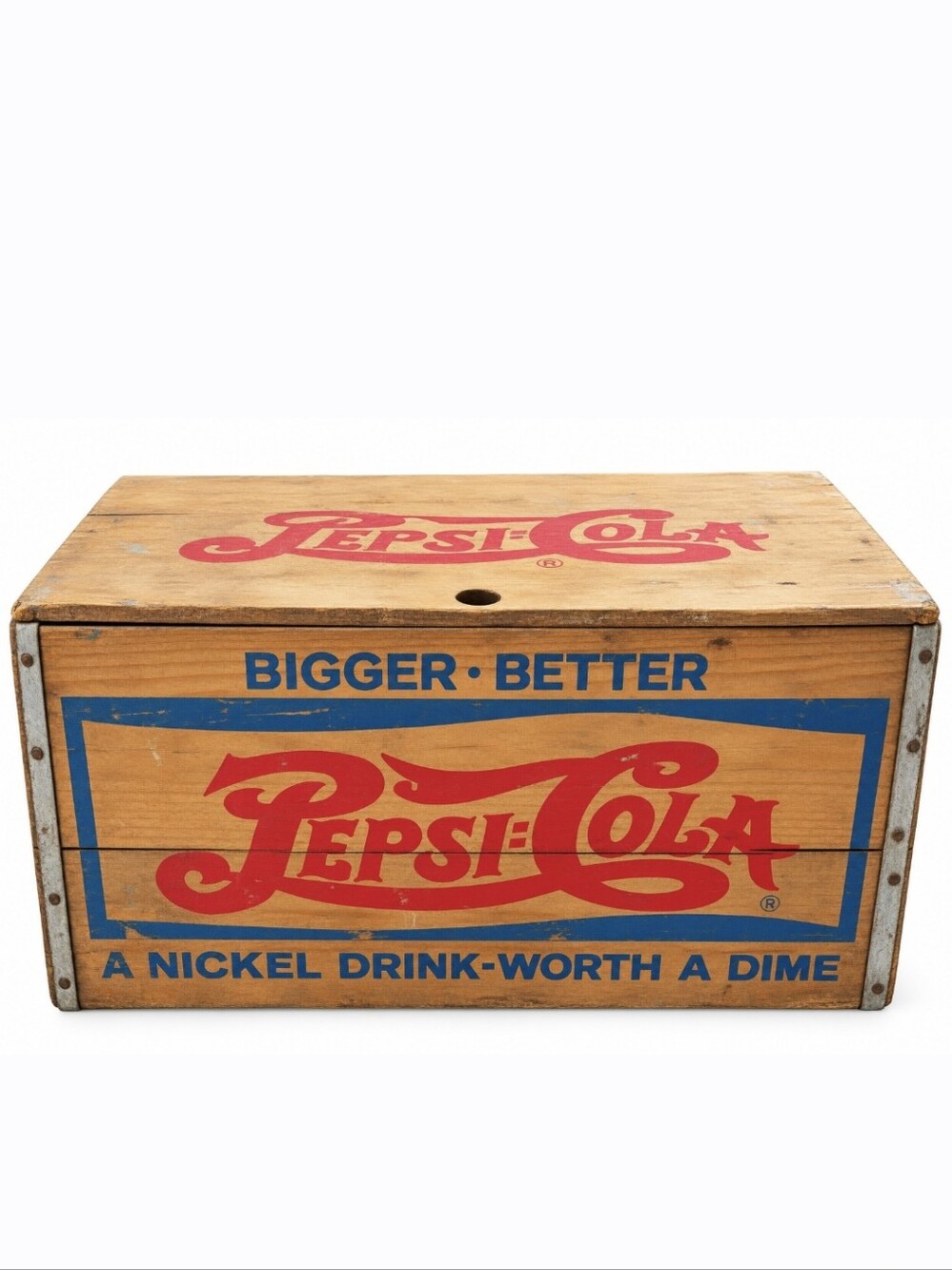 Vintage Pepsi-Cola Wooden Bottle Crate Featuring A Checkerboard Lid